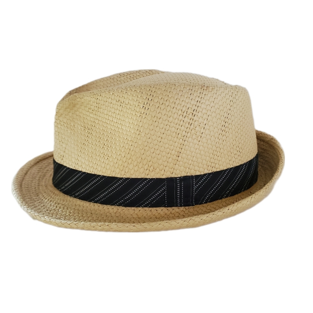 Scala Tan Paper Straw Fedora with Black Striped Band Size L